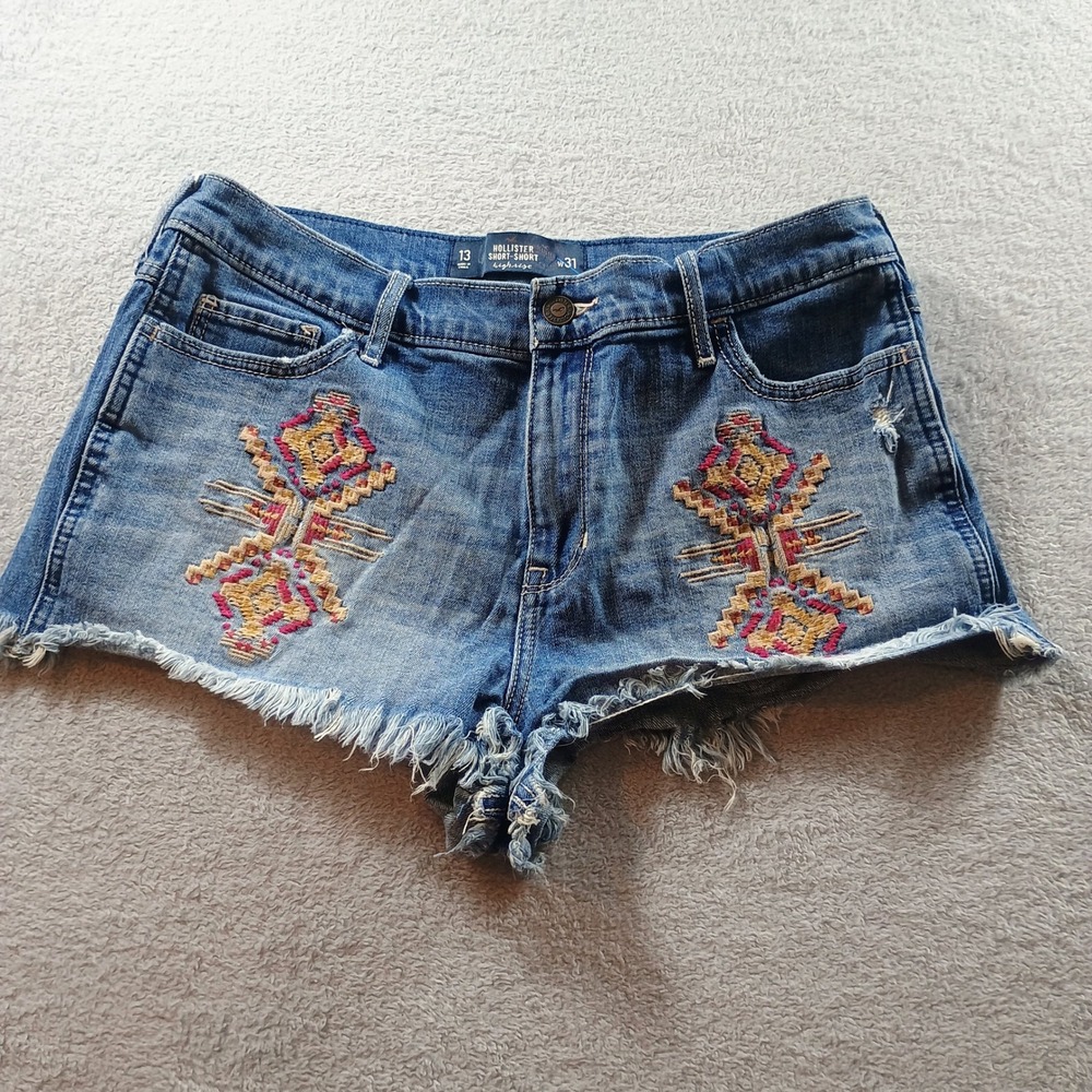 Hollister Women Short-Short High Rise Blue 13 Embroidered Denim Shorts